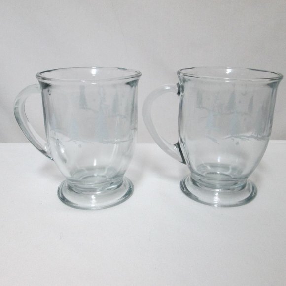 Anchor Hocking  Clear Glass Pedestal Mugs Set 2 reindeer trees Christmas Holiday - Picture 4 of 10